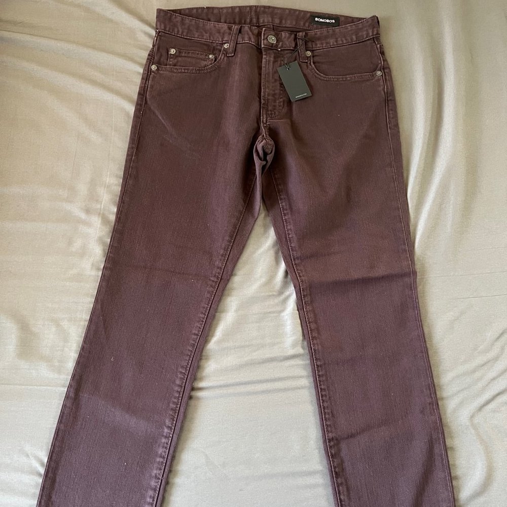 Bonobos Travel Jeans, Burgundy, 30x28 Tailored Fit (Retail $119)